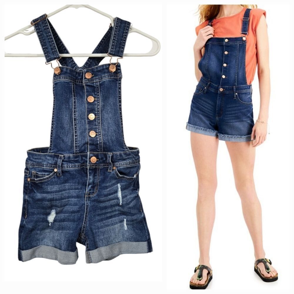 Celebrity Pink Girls Short Denim Overalls Distressed Blue Jean Cuffed Shortalls